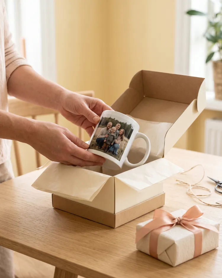 En personlig fotomugg med familjebild läggs i en presentask